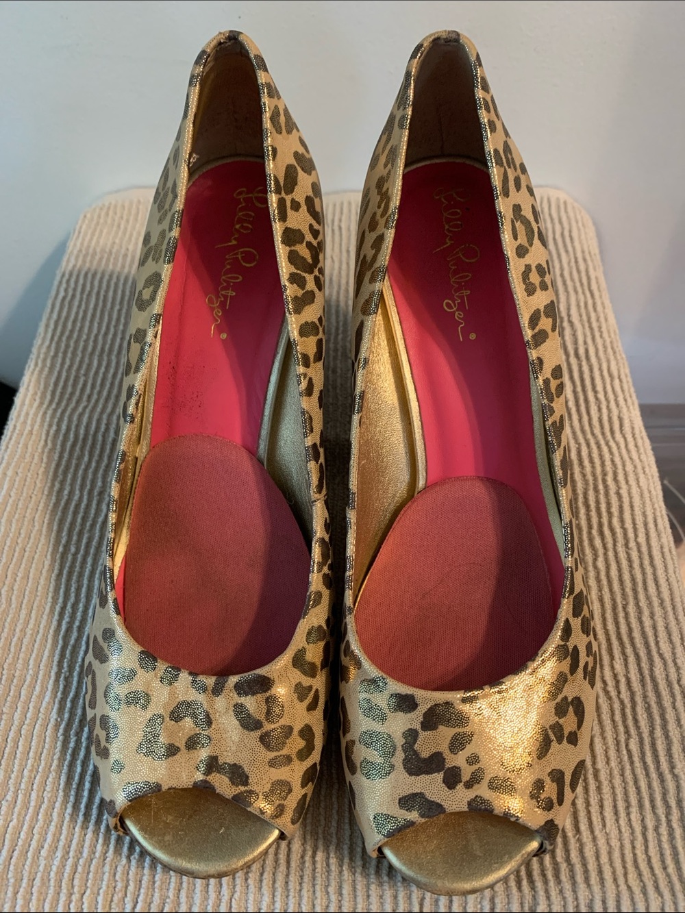 Lilly Pulitzer Resort Chic Metallic Gold Leopard Print Peep Toe Wedge